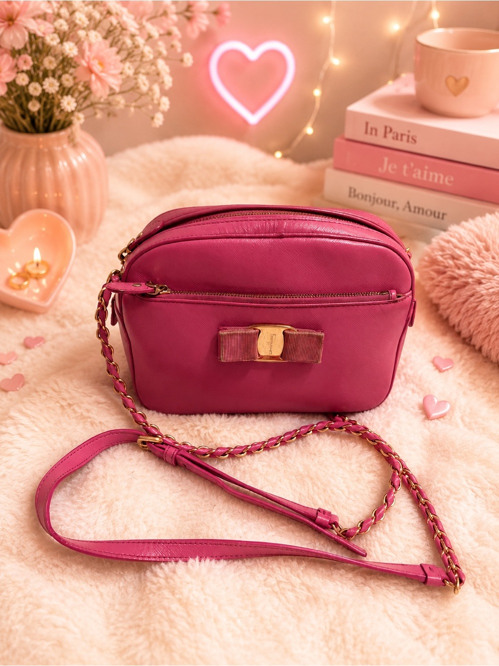 Salvatore Ferragamo Fuchsia Bow Crossbody Bag with Gold Hardware